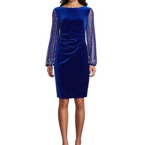 MARINA Royal Blue Velvet Dress with Beaded Sleeves